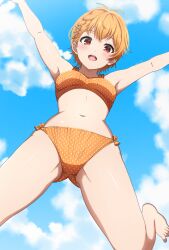Rule 34 | 1girl, :d, absurdres, antenna hair, arms up, bang dream!, bare arms, bare legs, bare shoulders, barefoot, bikini, blue sky, blush, braid, breasts, brown eyes, cloud, commentary, cowboy shot, day, from below, hair ornament, highres, kitazawa hagumi, looking at viewer, looking down, medium breasts, midair, navel, noshimurin, official alternate costume, official alternate hairstyle, open mouth, orange bikini, orange hair, outdoors, outstretched arms, polka dot, polka dot bikini, short hair, single braid, sky, smile, solo, stomach, swimsuit, teeth, upper teeth only, x hair ornament