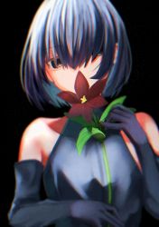 Rule 34 | 1girl, absurdres, bare shoulders, black background, black dress, black eyes, black gloves, black hair, blurry, blurry foreground, bob cut, commentary, depth of field, dress, elbow gloves, flower, flower to mouth, gloves, hair over eyes, halterneck, highres, holding, holding flower, leaf, long bangs, looking at viewer, monogatari (series), oshino ougi, red flower, red pupils, short hair, simple background, smelling, solo, t33h8703, turtleneck, turtleneck dress, upper body