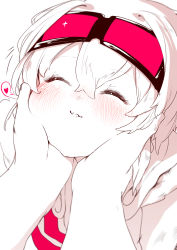 Rule 34 | 1girl, 1other, absurdres, blush, cheek squash, close-up, closed eyes, facing viewer, goggles, goggles on head, hair between eyes, hair intakes, hands on another&#039;s cheeks, hands on another&#039;s face, heart, highres, niwamaru, niwarhythm, original, simple background, smile, solo focus, spoken heart, upper body, white background, white hair