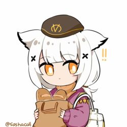 Rule 34 | 1girl, animal ears, arknights, bag, bread, food, hat, holding, holding bag, official alternate costume, ptilopsis (arknights), ptilopsis (serenity) (arknights), sashacall, simple background, solo, white background, white hair, yellow eyes