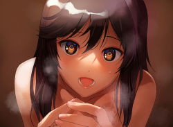 Rule 34 | 1girl, a1 (initial-g), blush, brown background, brown eyes, brown hair, commentary request, completely nude, fingernails, hair between eyes, heavy breathing, ichijou hotaru, long hair, looking at viewer, non non biyori, nude, open mouth, own hands together, simple background, solo, tagme