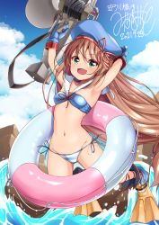 Rule 34 | 1girl, :d, armpits, bikini, blue bikini, blue gloves, blue hat, blush, brown hair, cloud, cloudy sky, commentary request, commission, dated, day, gloves, green eyes, hat, hisakabe oto, holding, innertube, iris mysteria!, long hair, looking at viewer, navel, ocean, open mouth, sidelocks, signature, skeb commission, sky, smile, solo, stomach, striped bikini, striped clothes, swim ring, swimsuit, very long hair