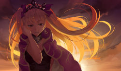 Rule 34 | 1girl, backlighting, blonde hair, breasts, cape, crossed arms, ereshkigal (fate), fate/grand order, fate (series), hand in own hair, long hair, medium breasts, mukunokino isshiki, red ribbon, ribbon, skull, solo, sunset, twintails, two side up