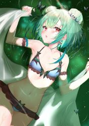 Rule 34 | 1girl, absurdres, arm garter, bare shoulders, bikini, blue bikini, blush, breasts, bug, butterfly, commentary request, cowboy shot, double bun, earrings, eyes visible through hair, fingernails, frilled bikini, frills, green hair, green nails, hair bun, hair ornament, highres, hololive, insect, jewelry, long hair, looking at viewer, lying, nail polish, navel, on back, parted lips, partially submerged, red eyes, shawl, simito dayo, skull earrings, skull hair ornament, small breasts, solo, stomach, swimsuit, uruha rushia, virtual youtuber, water, wet