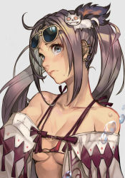 Rule 34 | 1girl, bare shoulders, bikini, breasts, brown hair, cleavage, closed mouth, collarbone, earrings, eyewear on head, fate/grand order, fate (series), grey eyes, hair ornament, hungry clicker, jewelry, long hair, medium breasts, multiple earrings, open clothes, robe, sunglasses, swimsuit, twintails, very long hair, white bikini, yu mei-ren (fate), yu mei-ren (swimsuit lancer) (fate)