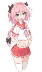 Rule 34 | 1boy, astolfo (fate), astolfo (sailor paladin) (fate), black bow, blush, bow, braid, commentary, fang, fate/apocrypha, fate/grand order, fate (series), goekawa, hair between eyes, hair bow, hair ribbon, long hair, looking at viewer, male focus, midriff, navel, neckerchief, official alternate costume, open mouth, pink hair, pleated skirt, purple eyes, red sailor collar, red skirt, ribbon, sailor collar, school uniform, serafuku, short sleeves, simple background, single braid, skirt, solo, standing, thighhighs, trap, white background, white thighhighs, zettai ryouiki