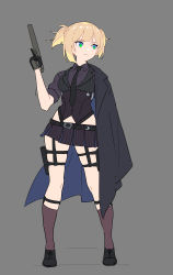 Rule 34 | 1girl, belt, belt buckle, black gloves, black vest, blonde hair, bolt action, breasts, brown belt, buckle, closed mouth, collared shirt, commentary request, corset, enkyo yuuichirou, full body, girls&#039; frontline, gloves, green eyes, grey background, grey shirt, grey skirt, grey socks, gun, half gloves, handgun, highres, holding, holding gun, holding weapon, integral suppressor, integrally-suppressed firearm, leg holster, looking away, looking to the side, necktie, pinstripe pattern, pinstripe vest, pleated skirt, purple necktie, shirt, short sleeves, short twintails, sidelocks, simple background, skirt, small breasts, socks, solo, standing, striped clothes, striped skirt, striped vest, suppressor, twintails, vertical-striped clothes, vertical-striped skirt, vertical-striped vest, vest, weapon, welrod, welrod mk ii, welrod mkii (girls&#039; frontline)