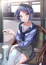 Rule 34 | 1girl, blurry, blurry background, breasts, casual, chair, cleavage, coffee, collarbone, cup, dress shirt, earrings, glass table, hayami kanade, highres, idolmaster, idolmaster cinderella girls, jewelry, crossed legs, looking at viewer, medium breasts, parted lips, pencil skirt, purple hair, ribbed sweater, shirt, short hair, sitting, skirt, smile, solo, sparkle, sutoroa, sweater, sweater around neck, table, teacup, yellow eyes