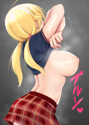 Rule 34 | 1girl, ahoge, blonde hair, blue shirt, breast drop, breasts, clothes lift, cowboy shot, crossed arms, facing away, from side, grey background, hachimiya meguru, hair ornament, hands up, heart, idolmaster, idolmaster shiny colors, kurozako, large breasts, lifting own clothes, long hair, low twintails, miniskirt, motion lines, nipples, no bra, plaid, plaid skirt, pleated skirt, red skirt, shiny skin, shirt, shirt lift, short sleeves, skirt, solo, standing, star (symbol), star hair ornament, steaming body, translation request, twintails, undressing