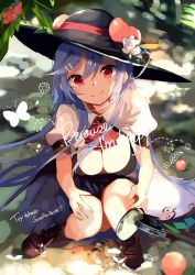 Rule 34 | 1girl, black bra, black footwear, black hat, blue hair, blue skirt, blurry, blurry background, blush, boots, bow, bowtie, bra, breasts, bug, butterfly, commentary request, english text, flower, food, fruit, hair between eyes, hair ornament, hairclip, hat, hat flower, highres, hinanawi tenshi, insect, long hair, looking at viewer, medium breasts, peach, puffy short sleeves, puffy sleeves, red bow, red bowtie, red eyes, shirt, short sleeves, sidelocks, sitting, skirt, smile, solo, tetsurou (fe+), touhou, underwear, very long hair, white flower, white shirt
