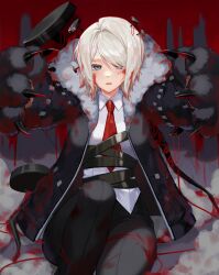 Rule 34 | 1girl, black jacket, black pants, blood, blood on clothes, blood on face, claws, collared shirt, e.g.o (project moon), faust (project moon), highres, jacket, limbus company, looking at viewer, nail, necktie, pants, parted lips, paw sleeves, project moon, ranya (artiraia), reaching, reaching towards viewer, red necktie, shirt, short hair, sitting, solo, stitches, white hair, white shirt