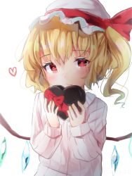 Rule 34 | 1girl, alternate costume, bad id, bad pixiv id, blush, bow, candy, chocolate, chocolate heart, closed mouth, crystal, demon wings, flandre scarlet, food, hat, hat bow, hat ornament, heart, highres, long sleeves, looking at viewer, mob cap, nose blush, red bow, red eyes, shiromoru (yozakura rety), short hair, side ponytail, simple background, solo, sweater, tareme, touhou, turtleneck, turtleneck sweater, upper body, white background, white hat, white sweater, wings