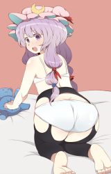 Rule 34 | 1girl, ass, bad id, bad pixiv id, barefoot, bow, bra, crescent, crescent hair ornament, feet, from behind, garter belt, hair bow, hair ornament, hat, highres, long hair, panties, pantyhose, patchouli knowledge, purple eyes, purple hair, soles, solo, stuffed animal, stuffed toy, thighhighs, toes, torn clothes, torn legwear, touhou, tsukigi, underwear, white bra, white panties