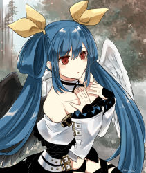Rule 34 | 1girl, angel wings, artist name, asymmetrical wings, bare shoulders, belt, black panties, blue hair, blush, choker, collarbone, dizzy (guilty gear), forest, guilty gear, guilty gear xrd, hair between eyes, hair ribbon, hair rings, hand on own chest, highres, makiba (mgmgcat), multiple belts, nature, navel, open mouth, panties, red eyes, ribbon, sitting, sitting on object, solo, thigh strap, tree, twintails, underwear, wide sleeves, wings, yellow ribbon