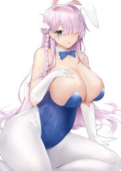 Rule 34 | 1girl, animal ear hairband, animal ears, arm support, azur lane, blue leotard, bow, bowtie, braid, breasts, cleavage, detached collar, fake animal ears, frilled leotard, frills, gloves, hair over one eye, highleg, highres, large breasts, leotard, long hair, louisville (an order of dreams) (azur lane), louisville (azur lane), nori aji, official alternate costume, pantyhose, pink hair, playboy bunny, rabbit ear hairband, rabbit ears, red eyes, seiza, side braid, single braid, sitting, strapless, strapless leotard, undersized breast cup, white background, white gloves, white pantyhose