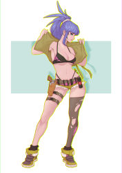 Rule 34 | 1girl, absurdres, alternate costume, aqua eyes, blue hair, bra, breasts, cleavage, fei teng, full body, green shorts, highres, holster, holstered, jacket, large breasts, leona heidern, md5 mismatch, navel, open clothes, open jacket, ponytail, shoes, shorts, sneakers, solo, standing, the king of fighters, torn clothes, torn legwear, underwear