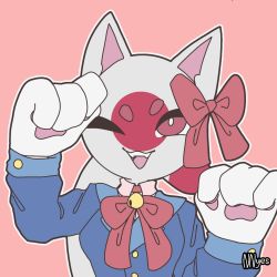 Rule 34 | 1girl, animal ears, animal hands, bell, blue jacket, cat ears, cat tail, colored skin, commentary, countryhumans, english commentary, fangs, happy, highres, jacket, japan (countryhumans), looking at viewer, nnyes, one eye closed, open mouth, pink background, red eyes, red ribbon, ribbon, signature, simple background, smile, solo, tail, teeth, thick eyebrows, tongue, white skin
