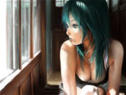 Rule 34 | 1girl, bad id, bad pixiv id, bra, breasts, cleavage, downblouse, green eyes, green hair, hatsune miku, indoors, large breasts, lingerie, looking away, looking outside, matching hair/eyes, occult soda, aged up, realistic, solo, underwear, vocaloid, window