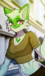 Rule 34 | 1girl, animal nose, black skirt, blurry, blurry background, breasts, cat girl, closed mouth, creatures (company), cropped shirt, furry, furry female, game freak, navel, nintendo, pink eyes, pokemon, pokemon (creature), short sleeves, skirt, solo, sprigatito, tp10, upper body