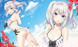 Rule 34 | 10s, 1girl, :d, :o, absurdres, alternate costume, barefoot, beach, bikini, blue eyes, bow, breasts, cleavage, cloud, collarbone, day, flower, frilled bikini, frills, hair flower, hair ornament, hair ribbon, halterneck, hibiscus, highres, kantai collection, kashima (kancolle), large breasts, looking at viewer, looking back, multiple views, nanotaro, open mouth, outdoors, polka dot, polka dot bikini, ribbon, sidelocks, silver hair, sky, smile, standing, standing on one leg, swimsuit, twintails, water, wavy hair, white bikini