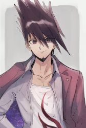 Rule 34 | 1boy, bojue (hakus 1128), closed mouth, collarbone, collared shirt, danganronpa (series), danganronpa v3: killing harmony, facial hair, goatee, grey background, grey shirt, hair between eyes, highres, jacket, long sleeves, looking at viewer, male focus, momota kaito, open clothes, open jacket, open shirt, pink jacket, print shirt, shirt, sketch, smile, solo, space print, spiked hair, starry sky print, upper body, white background, white shirt