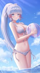Rule 34 | 1girl, ayaka (genshin impact), bad id, bad twitter id, ball, bare arms, beachball, bikini, blue eyes, blue sky, blunt bangs, blunt tresses, breasts, cleavage, cloud, cowboy shot, day, flower knot, frilled bikini, frills, genshin impact, hair ribbon, highres, holding, holding ball, holding beachball, legs together, long hair, looking at viewer, medium breasts, navel, outdoors, partially underwater shot, ponytail, red ribbon, ribbon, seungju lee, side-tie bikini bottom, sky, smile, solo, standing, stomach, sunlight, swimsuit, thighs, tress ribbon, very long hair, wading, water, white bikini, white hair