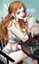 Rule 34 | 1girl, bracelet, chair, character name, coin, commentary, crop top, crossed legs, earrings, glass, highres, holding, holding coin, jewelry, knife, log pose, long hair, looking at viewer, nami (one piece), on chair, one piece, orange hair, orange nails, runa 3152, shirt, short shorts, shorts, sidelocks, smile, solo, strapless, strapless shirt, table, wanted, white shorts