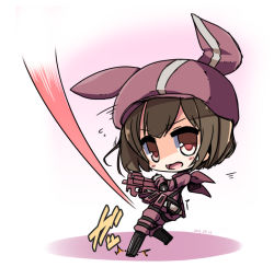 Rule 34 | 1girl, animal ears, animal hat, big head, black footwear, boots, brown eyes, brown hair, bullet line, bullpup, cabbie hat, chibi, dated, flying sweatdrops, full body, gloves, gun, hat, holding, holding gun, holding weapon, jacket, knee boots, llenn (sao), long sleeves, looking at viewer, looking to the side, open mouth, p-chan (sao), p90, pants, personal defense weapon, pink gloves, pink hat, pink jacket, pink pants, rabbit ears, rabbit hat, shirasu youichi, short hair, solo, standing, standing on one leg, submachine gun, sword art online, sword art online alternative: gun gale online, thighhighs, weapon