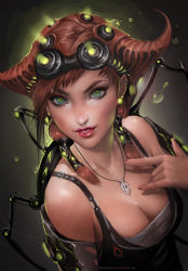 Rule 34 | 1girl, armor, bare shoulders, breasts, brown hair, cleavage, cyberpunk, freckles, from above, highres, jewelry, lipstick, looking at viewer, makeup, medium breasts, multicolored eyes, nail polish, necklace, original, pendant, power suit, realistic, sakimichan, science fiction, shirt, smile, taut clothes, taut shirt, watermark