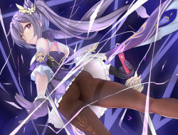 Rule 34 | 1girl, artist request, ass, bare shoulders, breasts, detached sleeves, dress, from behind, from below, genshin impact, gloves, hair ornament, hairpin, keqing (genshin impact), long hair, looking at viewer, looking back, pantyhose, purple dress, purple eyes, purple hair, short dress, sideboob, skirt, solo, sword, twintails, upskirt, very long hair, weapon