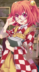 Rule 34 | 1girl, adjusting eyewear, apron, bell, blush, book, checkered clothes, checkered kimono, clothes writing, glasses, hair bell, hair ornament, japanese clothes, jingle bell, kimono, long sleeves, looking at viewer, motoori kosuzu, open mouth, red eyes, red hair, rimu (kingyo origin), romaji text, short hair, smile, smoke, solo, touhou, twintails, two side up, wide sleeves