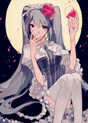 Rule 34 | 1girl, cup, dress, drinking glass, flower, frills, hair flower, hair ornament, hatsune miku, headdress, long hair, mayer, nail polish, sitting, solo, thighhighs, twintails, very long hair, vocaloid, white thighhighs, wine glass