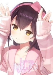 Rule 34 | 1girl, artist name, black hair, capriccio, character name, commentary request, hair between eyes, hairband, hands up, head tilt, hibiki ao, hibiki ao (channel), long hair, looking at viewer, simple background, sleeves past wrists, smile, solo, upper body, virtual youtuber, white background, yellow eyes