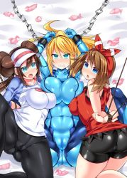 Rule 34 | 3girls, bdsm, blonde hair, blue eyes, blush, bondage, bound, breasts, brown hair, clenched teeth, commentary request, condom, creatures (company), cuffs, game freak, hat, hisui (stapspats), large breasts, long hair, looking at viewer, may (pokemon), metroid, multiple condoms, multiple girls, nintendo, on bed, pokemon, pokemon bw2, pokemon oras, ponytail, pussy juice, rosa (pokemon), samus aran, shorts, teeth, used condom, zero suit