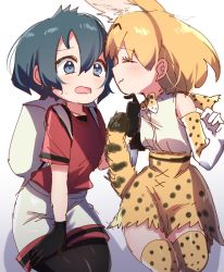 Rule 34 | 10s, 2girls, animal ears, backpack, bad id, bad twitter id, bag, bare shoulders, black hair, blonde hair, blue eyes, blush, elbow gloves, closed eyes, gloves, hand on another&#039;s chin, unworn headwear, highres, kaban (kemono friends), kemono friends, multicolored hair, multiple girls, pantyhose, seiza, serval (kemono friends), serval print, serval tail, shirt, short hair, short sleeves, shorts, sitting, skirt, stroking another&#039;s chin, t-shirt, tail, thighhighs, wavy mouth, yutsu