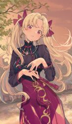 Rule 34 | 1girl, ahoge, blonde hair, bow, clothing request, cowboy shot, craft essence (fate), dot nose, earrings, ereshkigal (fate), ereshkigal (youming niangniang) (fate), fate/grand order, fate (series), folded fan, folding fan, hair bow, hand fan, head tilt, high collar, holding, holding fan, imigimuru, jewelry, long sleeves, looking at viewer, nail polish, official art, outdoors, own hands together, parted bangs, parted lips, red bow, red eyes, red nails, red skirt, skirt, sky, solo, standing, tassel, third-party source, tree, two side up, vietnamese dress, water