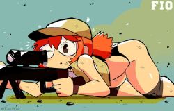 Rule 34 | 1girl, black panties, blush, chestnut mouth, fio germi, glasses, gun, hair between eyes, hat, knee pads, looking at object, metal slug, no nose, panties, pointing weapon, ponytail, red hair, rifle, rifle grenade, shiny skin, short hair, short ponytail, solo, tony welt, torn clothes, underwear, weapon