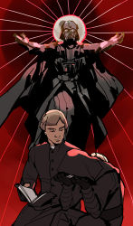 Rule 34 | 3boys, armor, black armor, black cape, blonde hair, book, cape, closed mouth, darth vader, death star, father and son, helmet, kylo ren, looking at another, luke skywalker, multiple boys, pydiyudie, red background, religion, star wars, uncle and nephew
