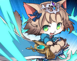 Rule 34 | 1girl, :3, adria (cat busters), animal ear fluff, animal ears, body fur, bow, brown hair, cat, cat busters, cat ears, cat girl, cat tail, commentary request, furry, furry female, green eyes, hair bow, holding, holding sword, holding weapon, jewelry, nekoguruma, open mouth, slit pupils, solo, sword, tail, weapon, whiskers
