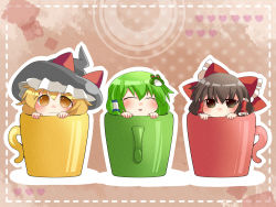 Rule 34 | 3girls, ^ ^, blonde hair, bow, brown eyes, brown hair, closed eyes, cup, female focus, framed, frog hair ornament, green hair, hair bow, hair ornament, hair tubes, hakurei reimu, hammer (sunset beach), hat, heart, in container, in cup, kirisame marisa, kochiya sanae, mini person, minigirl, multiple girls, open mouth, smile, touhou, wavy mouth, witch, witch hat, yellow eyes