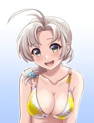 Rule 34 | 1girl, antenna hair, bare arms, bare shoulders, bikini, blush, breasts, cleavage, collarbone, green eyes, grey hair, kantai collection, kinugasa (kancolle), large breasts, open mouth, short hair, smile, solo, swimsuit, tk8d32, upper body, yellow bikini