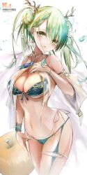 Rule 34 | 1girl, absurdres, antlers, bikini, braid, braided bangs, breasts, ceres fauna, choker, cleavage, double bun, flower, furofuroppi, green bikini, green eyes, green hair, hair bun, hair flower, hair ornament, hand on own hip, highres, hololive, hololive english, horns, jewelry, large breasts, looking at viewer, navel, necklace, open mouth, see-through, side-tie bikini bottom, single braid, solo, sweat, swimsuit, swimsuit cover-up, thigh strap, thighs, virtual youtuber