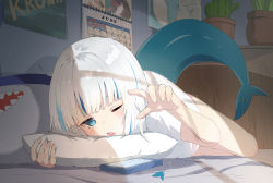 Rule 34 | 1girl, bed, bedroom, blue hair, blunt bangs, blush, calendar (object), cellphone, cellphone charm, charm (object), commentary, fins, fish tail, full body, gawr gura, highres, hololive, hololive english, light particles, long hair, lying, mogu9 9, multicolored hair, on bed, on stomach, one eye closed, open mouth, phone, pill, plant, poster (object), potted plant, reaching, reaching towards viewer, shark&#039;d, shark tail, sharp teeth, shirt, smartphone, solo, streaked hair, stuffed animal, stuffed shark, stuffed toy, tail, tearing up, teeth, virtual youtuber, waking up, white hair, white shirt