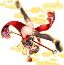 Rule 34 | 1girl, armlet, armpits, black thighhighs, blurry, breasts, brown eyes, brown hair, chinese clothes, cleavage, fingernails, floral print, full body, hair ornament, handstand, holding, holding staff, lips, logo, looking at viewer, masami chie, motion blur, official art, one arm handstand, open mouth, panties, pelvic curtain, short hair, simple background, solo, staff, thighhighs, tokyo exe girls, underwear, wrist cuffs