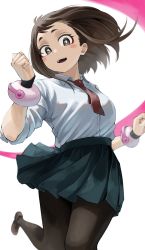 Rule 34 | 1girl, absurdres, armband, blush, boku no hero academia, brown eyes, brown hair, female focus, fengling (furin-jp), highres, jumping, looking at viewer, necktie, open mouth, pantyhose, school uniform, simple background, skirt, sleeves rolled up, solo, uraraka ochako, white background, wind