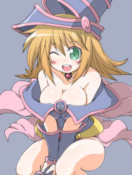 Rule 34 | 1girl, :d, bare legs, bare shoulders, blonde hair, blue background, blush, blush stickers, breasts, cleavage, dark magician girl, duel monster, green eyes, hat, large breasts, long hair, naitou kouse, one eye closed, open mouth, pentacle, pentagram, smile, v arms, wink, yu-gi-oh!, yuu-gi-ou, yu-gi-oh! duel monsters