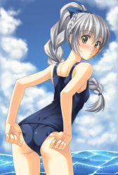 Rule 34 | 00s, 1girl, adjusting clothes, adjusting swimsuit, ass, blush, bow, braid, cloud, day, full metal panic!, grey eyes, hair bow, long hair, looking back, mikamin, one-piece swimsuit, school swimsuit, silver hair, single braid, solo, swimsuit, teletha testarossa