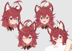 Rule 34 | 1girl, @ @, animal ears, azur lane, bare shoulders, blush, closed mouth, commentary request, crossed bangs, embarrassed, expressions, fake animal ears, fleuret (azur lane), grey background, grey eyes, highres, long hair, looking at viewer, multicolored hair, one eye closed, parted lips, red hair, simple background, smile, solo, streaked hair, sweatdrop, umiya mizuki, upper body, wavy mouth, white hair