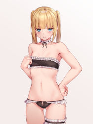 Rule 34 | 1girl, absurdres, armpits, bare arms, bare shoulders, bikini, blonde hair, blue eyes, bridal garter, choker, closed mouth, cowboy shot, flat chest, frilled bikini, frilled choker, frills, gluteal fold, highres, long hair, looking at viewer, maid, maid bikini, navel, original, rebutsu, simple background, solo, stomach, strapless, strapless bikini, swimsuit, thigh gap, thighs, twintails, unconventional maid, white background