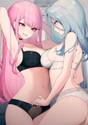 Rule 34 | 2girls, arm behind head, armpits, arms up, bare arms, bare shoulders, black bra, black choker, black panties, blue eyes, blue hair, bra, breasts, choker, cowboy shot, grin, highres, hololive, hololive english, indie virtual youtuber, lace, lace-trimmed panties, lace trim, long hair, looking at another, medium breasts, monarch (amalee), mori calliope, multiple girls, nanoless, navel, panties, pink eyes, pink hair, smile, stomach, thighs, underwear, underwear only, very long hair, virtual youtuber, white bra, white panties